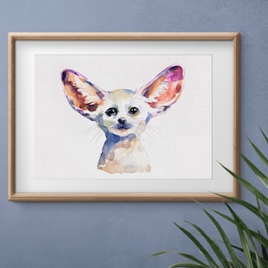 May include: Watercolor painting of a fennec fox with large ears, looking up with a curious expression. The fox is painted in shades of white, orange, and purple.