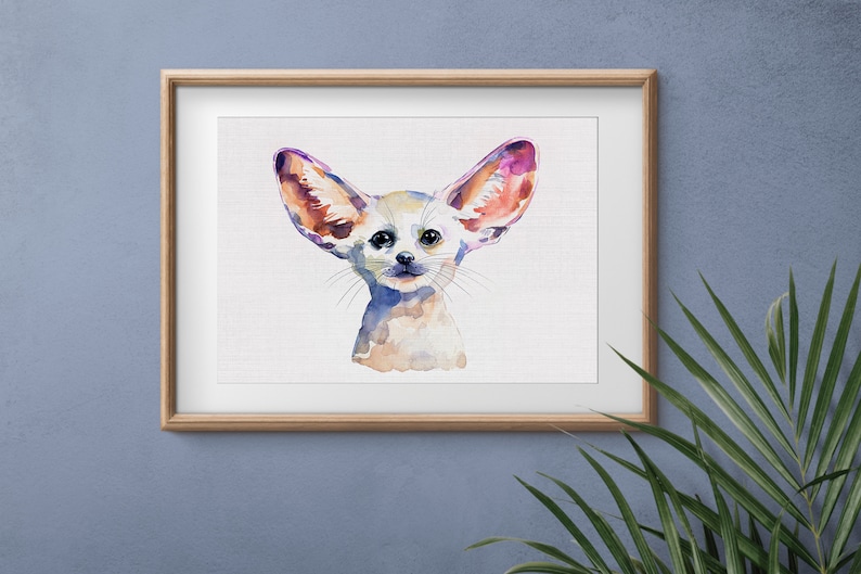 May include: Watercolor painting of a fennec fox with large ears, looking up with a curious expression. The fox is painted in shades of white, orange, and purple.