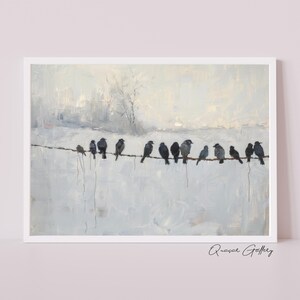 May include: A framed art print featuring a minimalist landscape with a row of birds perched on a wire. The artwork has a muted color palette of white, gray, and black, creating a serene and tranquil scene. The artist's signature is in the bottom right corner.