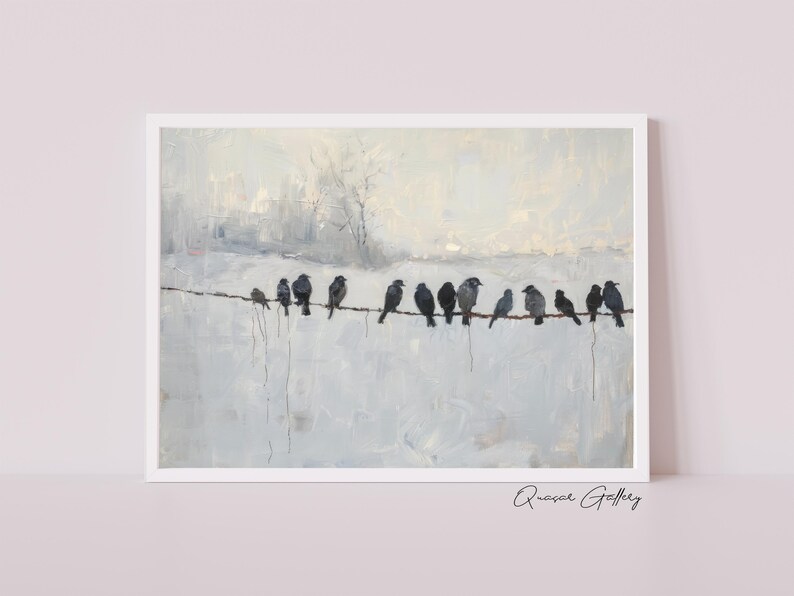 May include: A framed art print featuring a minimalist landscape with a row of birds perched on a wire. The artwork has a muted color palette of white, gray, and black, creating a serene and tranquil scene. The artist's signature is in the bottom right corner.