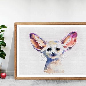 May include: Watercolor painting of a fennec fox with large, pointed ears. The fox is depicted in shades of orange, pink, and purple, with a white background.