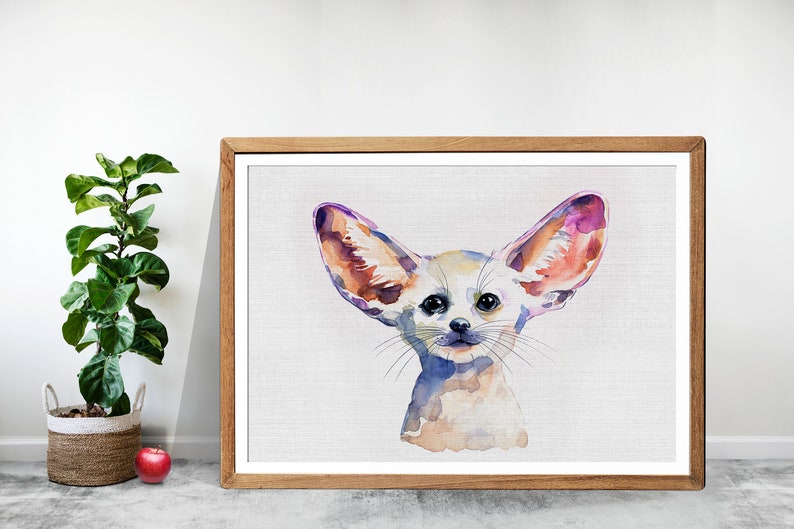 May include: Watercolor painting of a fennec fox with large, pointed ears. The fox is depicted in shades of orange, pink, and purple, with a white background.