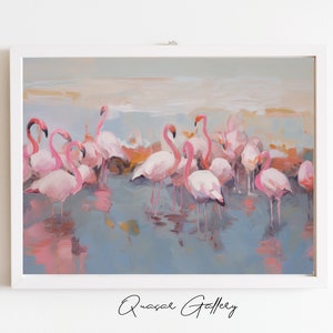 May include: A painting of a flock of pink flamingos standing in shallow water. The flamingos are in a group, with their necks bent and heads down. The water is a light blue color, and the background is a soft gray.