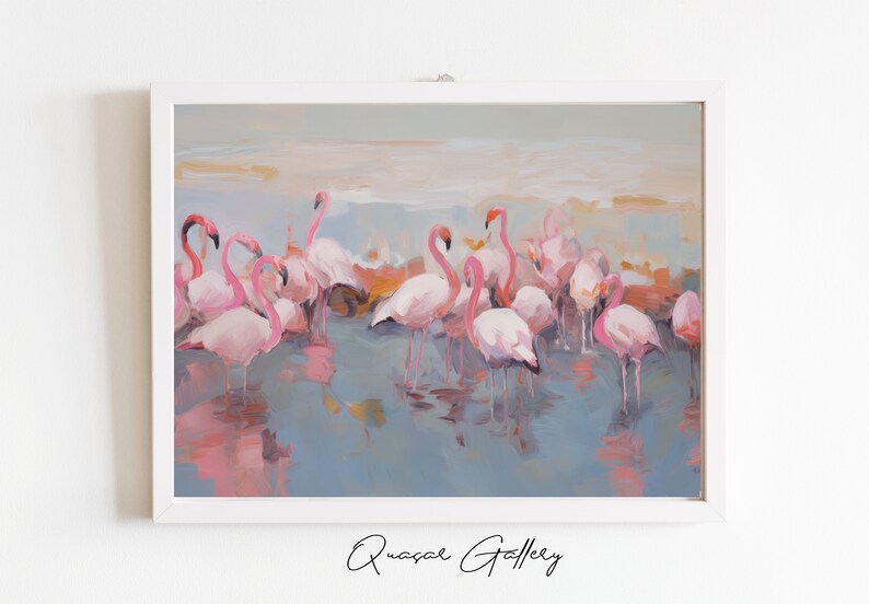 May include: A painting of a flock of pink flamingos standing in shallow water. The flamingos are in a group, with their necks bent and heads down. The water is a light blue color, and the background is a soft gray.