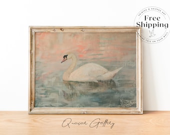 Swan Oil Painting, Girly Bathroom Print, Teen Girl Room Decor, Blush Pink Nursery Wall Art, Vintage Swan Lake, Soft Oil Painting