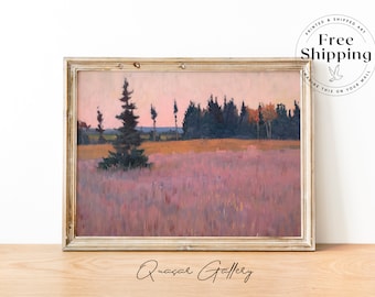 Pink Landscape Art Print: Countryside Field Painting