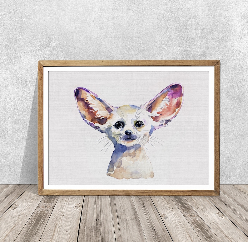 May include: Watercolor painting of a fennec fox with large ears, a white coat, and brown eyes. The fox is looking directly at the viewer.