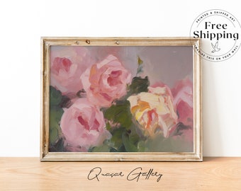 Pink Roses Art Print: Vintage Floral Painting, Teen Girl Room Decor