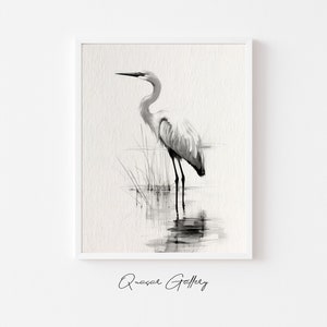May include: Black and white illustration of a heron standing in water with reeds in the background. The illustration is framed in a white frame.