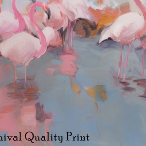 May include: A painting of pink flamingos standing in a shallow body of water. The flamingos are painted in a loose, impressionistic style, with their long necks and legs visible. The water is a light blue color, and the background is a soft, muted palette of colors.
