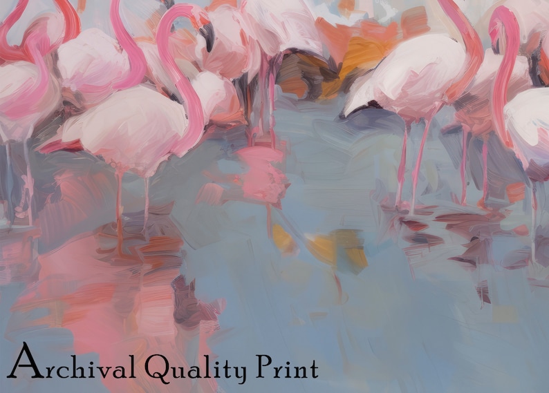 May include: A painting of pink flamingos standing in a shallow body of water. The flamingos are painted in a loose, impressionistic style, with their long necks and legs visible. The water is a light blue color, and the background is a soft, muted palette of colors.