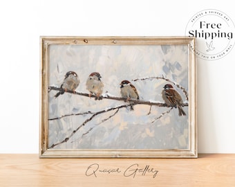 Bird Painting, Chic Wall Art Print, CANVAS ART, Sparrows Print, Sparrow art, Nature print, Small bird artwork, Tree branch print