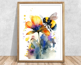 Honey Bee Watercolor Art Print: Signed Floral Wall Decor