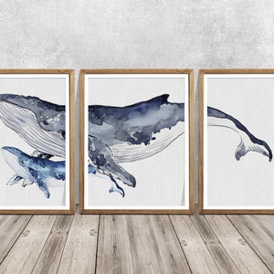 Humpback whale whit her baby, Humpback whale for nursery room, set print for kids room, housewarming gift, Whale lowers gift