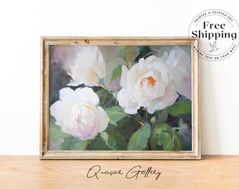 White Rose Art Print: Elegant Floral Oil Painting