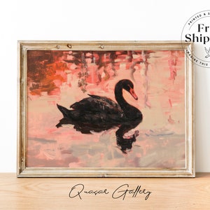 Decoración de habitación de adolescente, pintura al óleo de cisne, arte de dormitorio preppy, guardería rosa ruborizada, lago de los cisnes vintage, póster de balletcore, copia 1