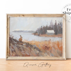 Pintura al pastel suave, PINTURA ORIGINAL, Arte mural para habitación de invitados, Arte de paisaje apagado, Pintura al óleo sobre la naturaleza, Impresión vintage de un lago, copia 2