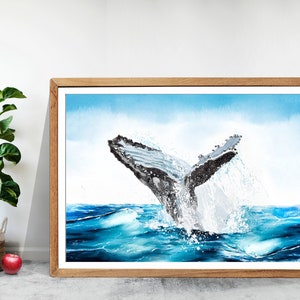 May include: A watercolor painting of a humpback whale breaching out of the water. The whale's tail is in the air, and the water is splashing around it. The sky is blue and there are clouds in the background.