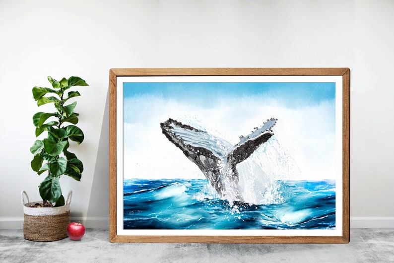 May include: A watercolor painting of a humpback whale breaching out of the water. The whale's tail is in the air, and the water is splashing around it. The sky is blue and there are clouds in the background.