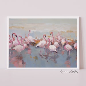 May include: A painting of a flock of pink flamingos standing in a shallow body of water. The water is a light blue color and the sky is a light gray color. The flamingos are all facing the same direction and their reflections are visible in the water.