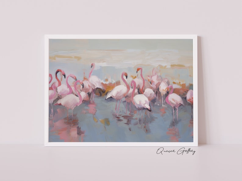 May include: A painting of a flock of pink flamingos standing in a shallow body of water. The water is a light blue color and the sky is a light gray color. The flamingos are all facing the same direction and their reflections are visible in the water.