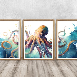 Conjunto de impressão de polvo em aquarela: arte Giclée assinada, conjunto de 3