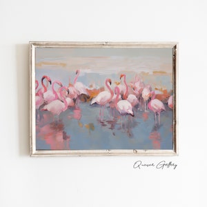 May include: A painting of a flock of pink flamingos standing in a shallow body of water. The water is a light blue color and the sky is a light gray color. The flamingos are all facing the same direction and their reflections are visible in the water.