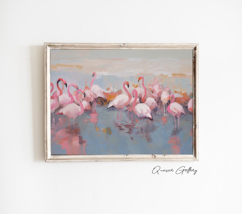 May include: A painting of a flock of pink flamingos standing in a shallow body of water. The water is a light blue color and the sky is a light gray color. The flamingos are all facing the same direction and their reflections are visible in the water.