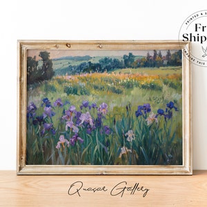 May include: A framed painting of a landscape with a field of purple irises in the foreground and a rolling green hill in the background.