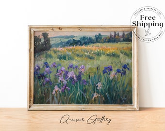 Iris field art, Field painting, Iris Field, Landscape Painting Print, Blue Iris Painting, Iris Flowers Print, Floral Landscape