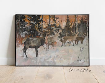 Winter Deer Print: Snowy Forest Cabin Art
