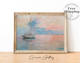 Sunset Boat Seascape Art Print: Coastal Pastel Oil Painting