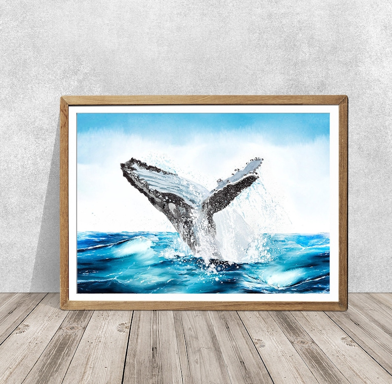 May include: A watercolor painting of a humpback whale breaching the surface of the ocean. The whale's tail is in the air, with water splashing around it. The ocean is a deep blue, and the sky is a light blue.