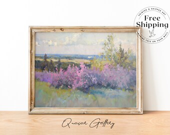 Lilac Field Art Print: Country Landscape Oil Painting