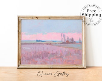 Pastel Pink Landscape Art Print: Dreamy Horizon, Calming Room Decor