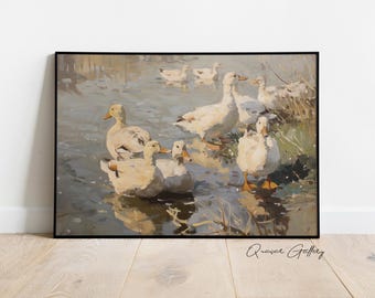 Impresión artística de pintura de patos: Escena de vida silvestre en el lago