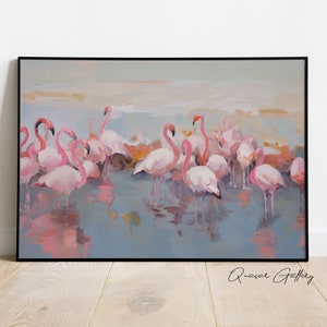May include: A painting of a flock of pink flamingos standing in shallow water. The flamingos are painted in a loose, impressionistic style, with soft edges and brushstrokes. The background is a muted gray and blue, with hints of orange and yellow.