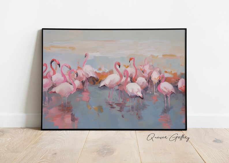 May include: A painting of a flock of pink flamingos standing in shallow water. The flamingos are painted in a loose, impressionistic style, with soft edges and brushstrokes. The background is a muted gray and blue, with hints of orange and yellow.