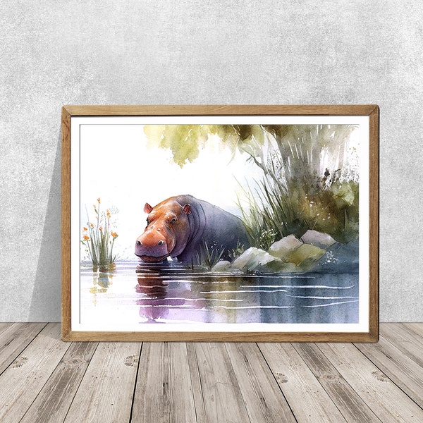 Safari animal illustration, Hippo illustration, hippo watercolor art, animal painting, kids room art