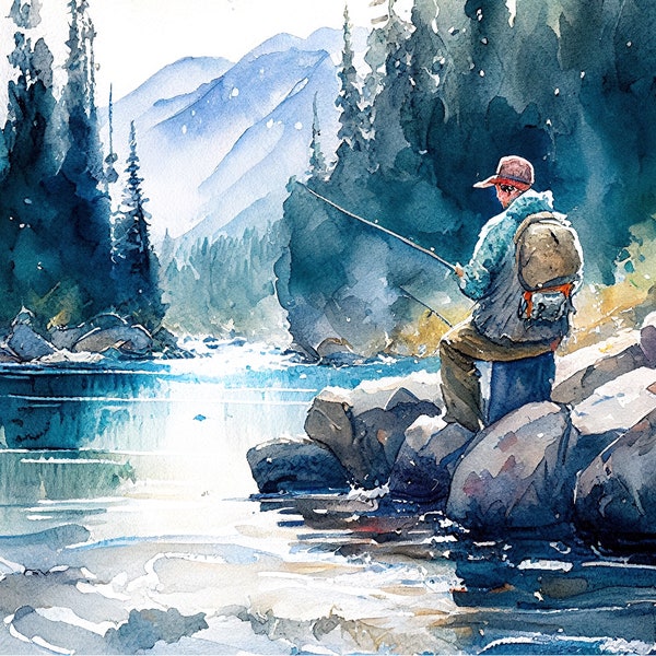 Fishing man, Fishing print, gift for fisherman, Fisherman print, watercolor gift, wall art, art, fishing, fishing painting, print, art