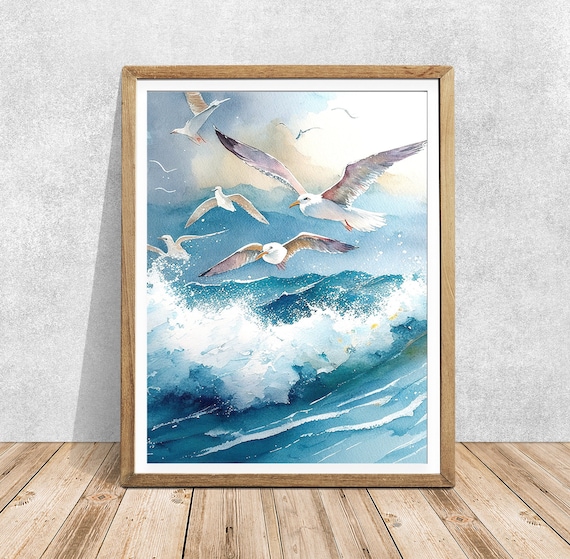 カモメの水彩画アートプリント：署名入り鳥の絵画 - Etsy 日本