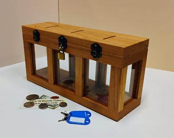 Three Compartment Transparent View Coin Saver Bank Box, Cherry Wood with Bronze Hardware, Clear Acrylic Panels, Polyurethane Finish, #551