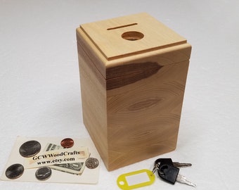 Tamper Resistant Coin Saver Bank Box, Ash Wood, Polyurethane Finish, Piggy Bank, Tip Jar