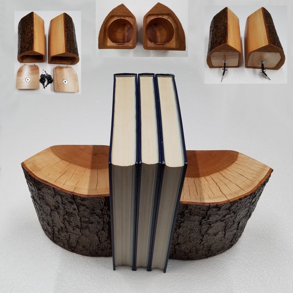 Rustic Maple Firewood Bookends with Hidden Storage Compartment Inside, Set of 2 with Locks and Keys