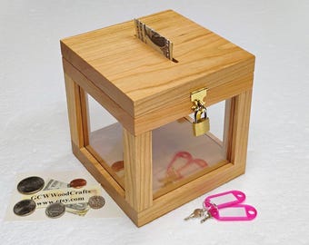 Lockable Collection Box, Cherry Wood, Clear Acrylic Panels, Lock & Keys, Piggy Bank, #649