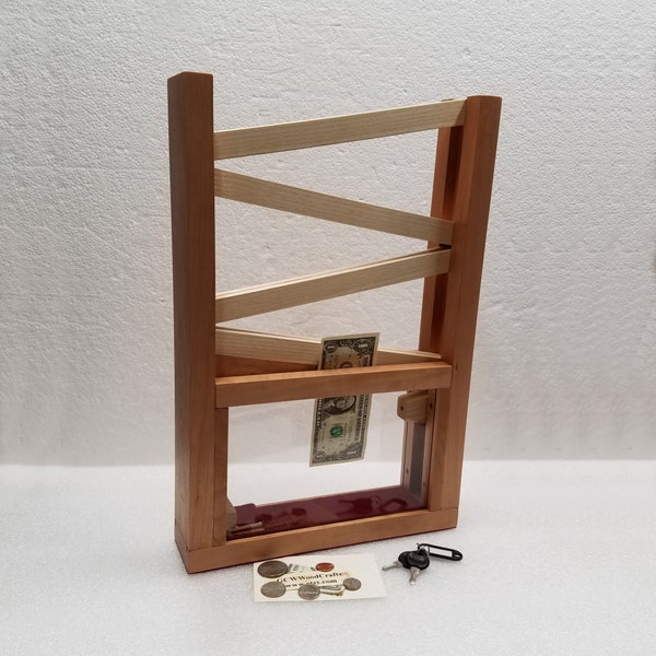 Zigzag Coin Saver Bank Box with a Paper Money Slot, Cherry and Ash Wood, Locking, Tamper Resistant, Clear Acrylic Transparent View