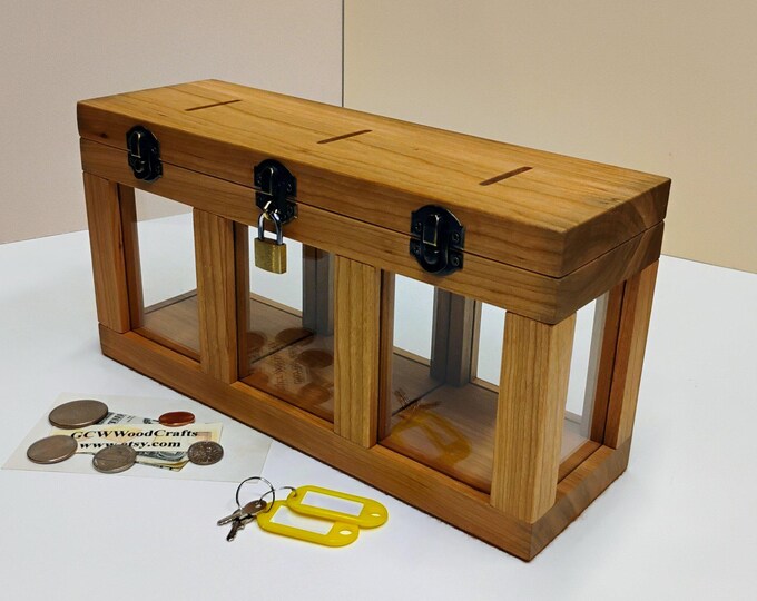 Cherry Wood Coin Bank With Clear Acrylic, 3 Compartments, Bronze ...