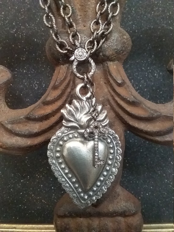 Ex Voto Flaming Sacred Heart Diamond Encrusted Sterling Key | Etsy