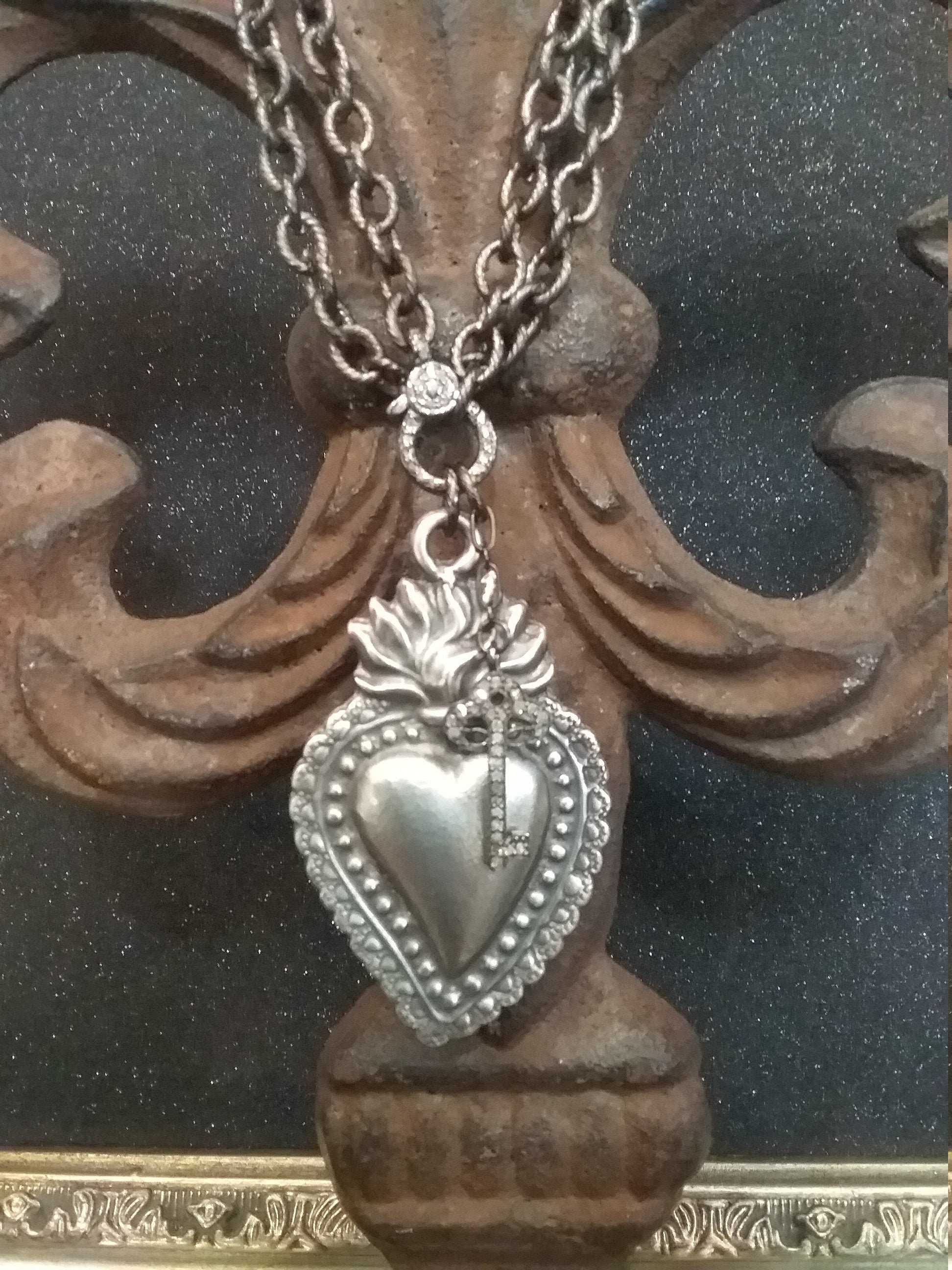 Ex Voto Flaming Sacred Heart Diamond Encrusted Sterling Key | Etsy