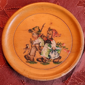 Hand Painted Wooden Display Plate of “Little Girl and Boy Walking”